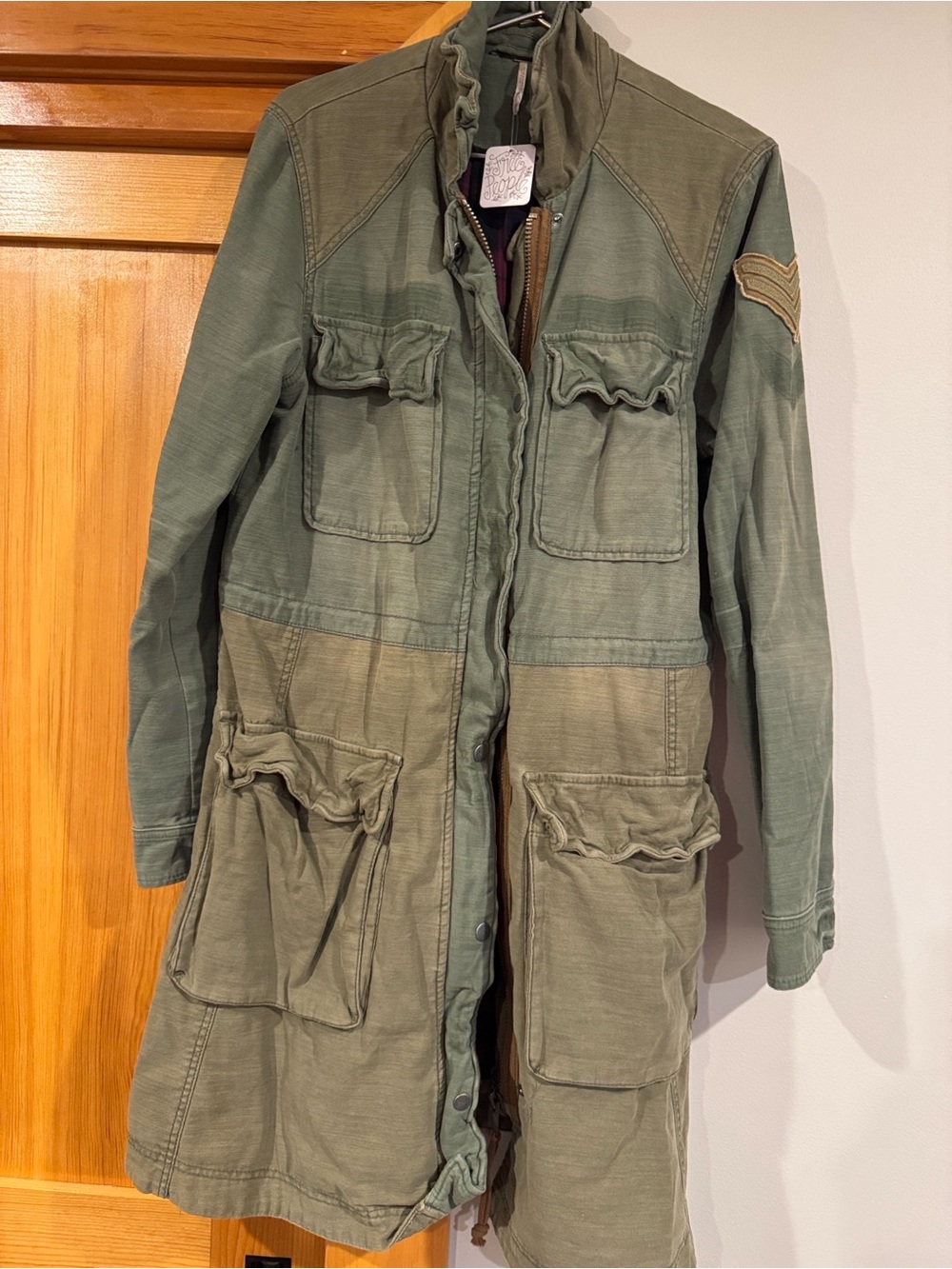 NWT Free People Olive Green Military-Style Women's Coat with plaid lining - Picture 11 of 11
